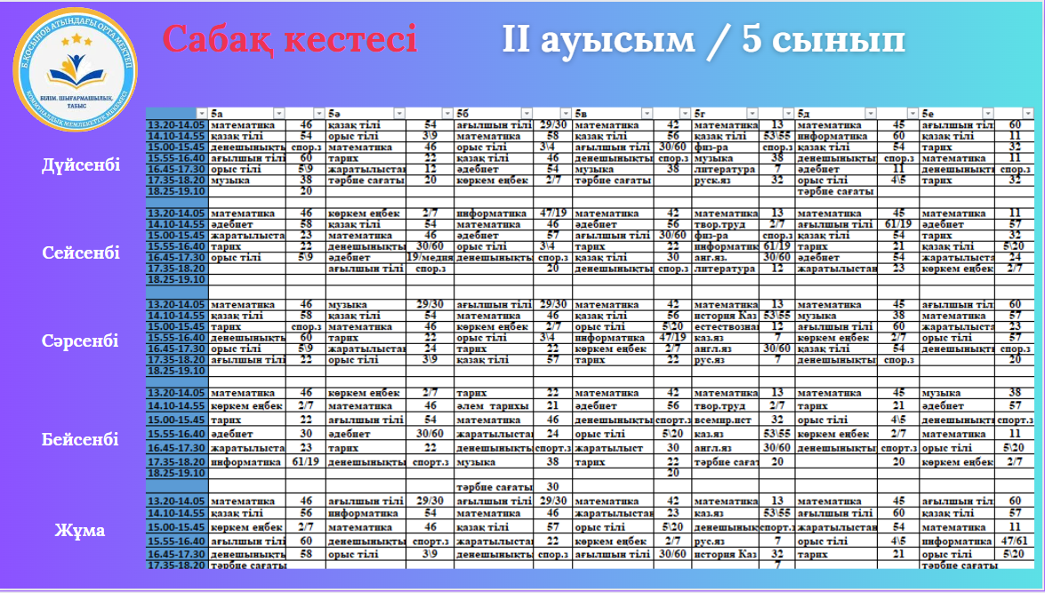 schedule of lessons (ІІ ауысым) 5-7 сыныптар