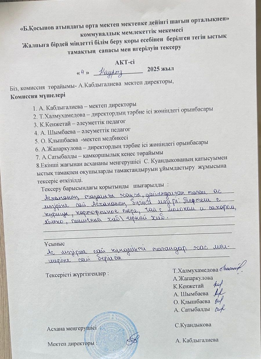 Бракераж комиссиясының Мектеп асханасын ай сайынғы  тексеру акт-сі