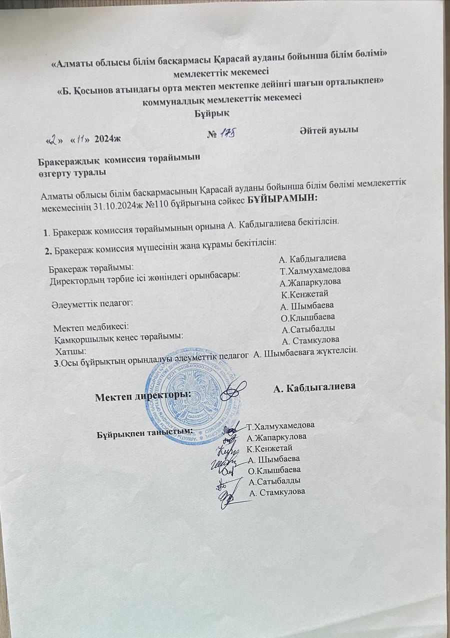 Бракераж комиссиясының төрайымын өзгерту туралы