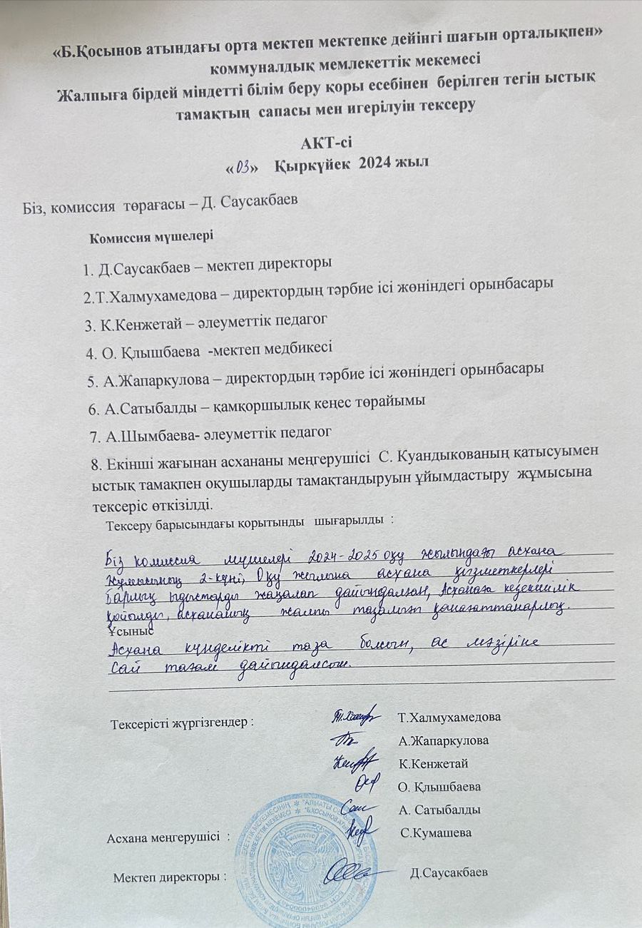 Бракераж комиссиясының Мектеп асханасын ай сайынғы  тексеру акт-сі